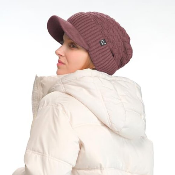 Oversized Chunky Knit Beanie with Visor Brim Fleece Lined Warm Slouchy Hat main image 4